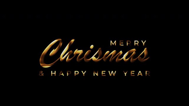 Merry Christmas and Happy New Year golden text shine light effect animation on black abstract background. Includes isolated alpha channel for transparent compositing. Exported in Apple ProRes 4444