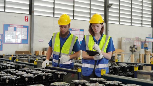 Workers in a factory review tasks and discuss safety procedures during a training session