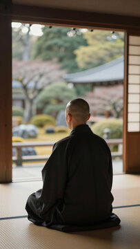 Japanese Buddhist Monk Practicing Zen Meditation Inside Traditional Temple, Copy space on the top and left, Diagonal Back view, Vertical image