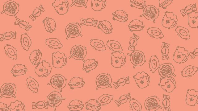 Fast food icons pattern decorates this salmon colored background with a playful and repeating style.