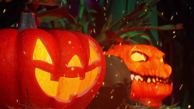 Close up of Jack-o'-lantern pumpkins illuminated in the dark with flying fire sparks