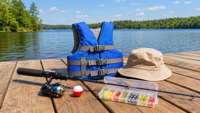 Fishing gear displayed on wooden dock by a lake, featuring a blue life vest, fishing rod, tackle box, bobber, and beige sun hat under a clear blue sky