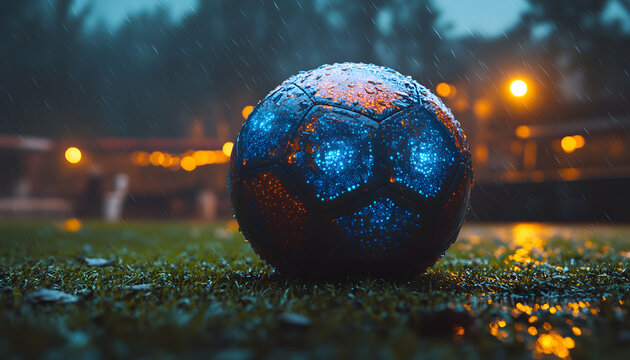 Ultra Realistic 3D Floating Soccer Ball with Holographic Interface in Futuristic Stadium, Sports Technology Concept