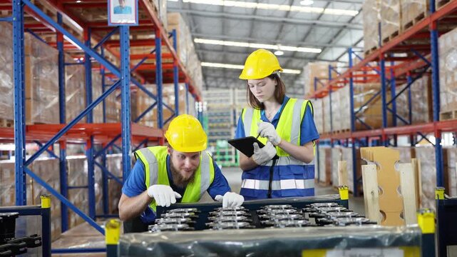 Workers check inventory in warehouse during day shift
