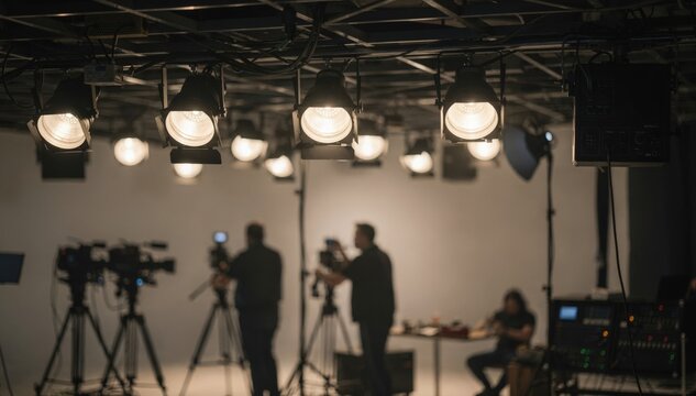 Medium shot of adjustable LED spotlights glowing softly above a blurred film set showcasing energysaving overhead fixtures with DMX control.