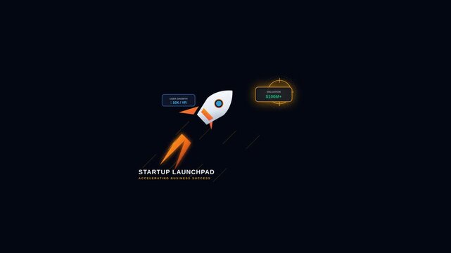 Startup Launchpad Animation Showing Business Growth Metrics and Valuation Data on Dark Background