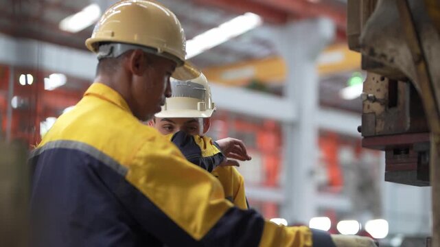 Two workers inspect machinery inside a factory in the afternoon