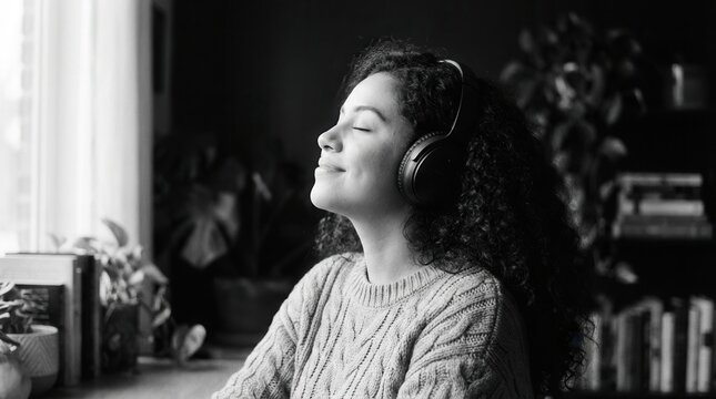 Young woman wearing headphones listening to music with eyes closed near bright window. Feeling of peace and relaxation.
