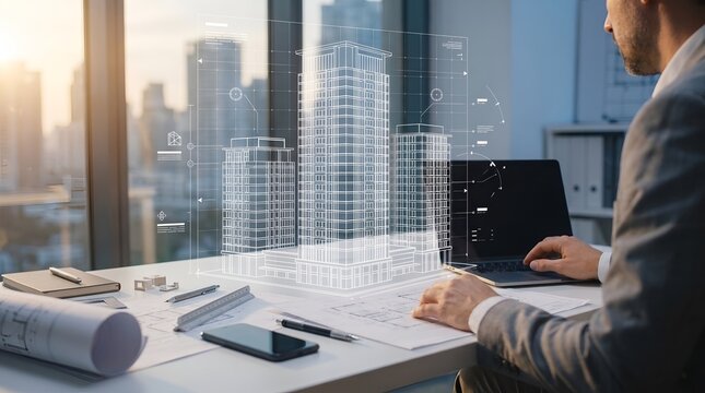 Architect Analyzing Holographic Building Model on Desk Representing Advanced Proptech and Digital Urban Planning