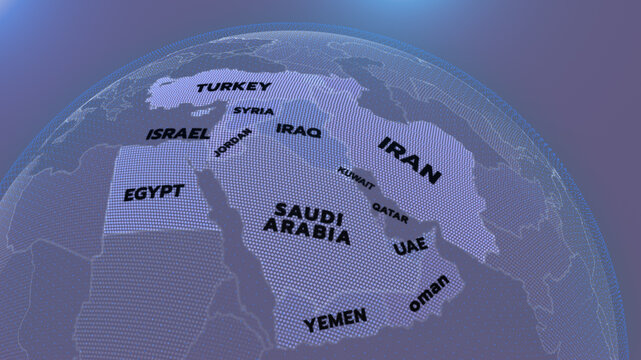 A modern 3D-style political map of the Middle East highlighting countries like Iran, Saudi Arabia, Iraq, Turkey, Israel, Yemen, Oman, Qatar, Syria, Jordan, EGYPT, UAE, middle east countries,