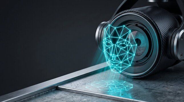 Facial recognition technology with biometric scanning, security camera with digital face ID mesh, artificial intelligence surveillance system