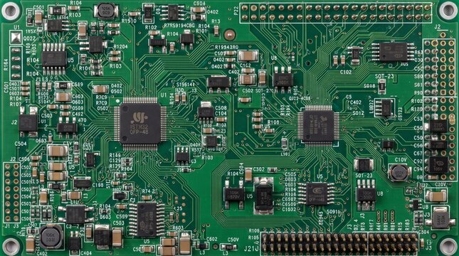 Green printed circuit board with integrated microchips and electronic components