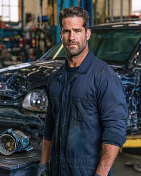 A mechanic in a workshop poses confidently, wearing a dark blue coverall with a partially disassembled car in the background.