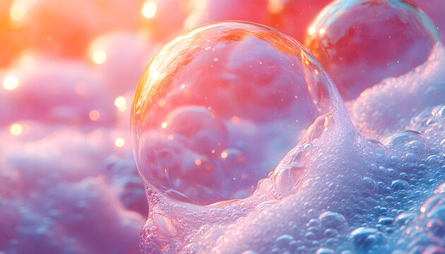 Ultra Realistic 3D Macro Render of Iridescent Soap Bubbles with Ultra Detailed Surface, Rainbow Reflections and Abstract Liquid Texture