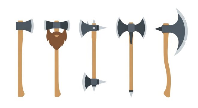 Collection of Various Medieval and Fantasy Axe Vector Illustrations Isolated on White Background