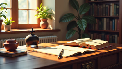 Fototapeta premium cozy study space with open books, decorative plants, and a fountain pen on a wooden desk illuminated by warm sunlight, concept reading and learning