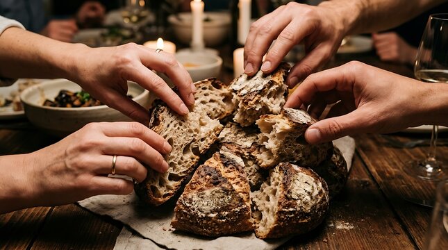 Hands breaking fresh crusty bread at a dinner table with friends