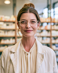 Obraz premium A confident woman with glasses and a white coat smiles gently, standing in a softly lit, organized indoor setting filled with shelves and jars.