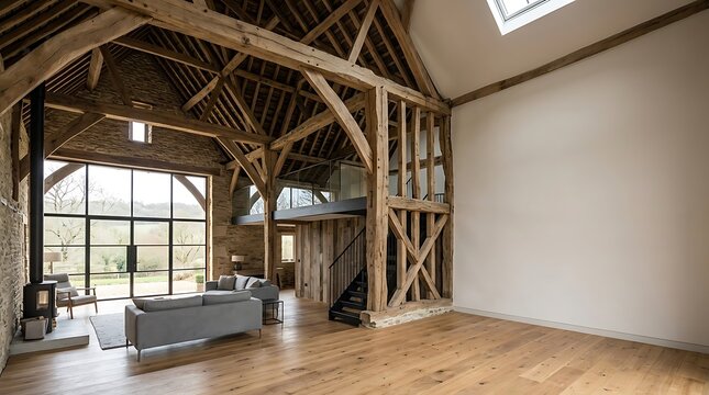 Modern rustic interior of a renovated barn with exposed wooden beams