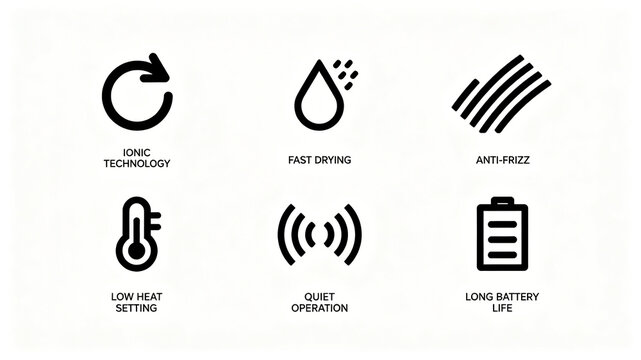 Simplified black line hairdressing equipment icon group, representing ion hair care, quick drying, low noise, and long-lasting, suitable for hairdressing appliance details and poster illustrations.
