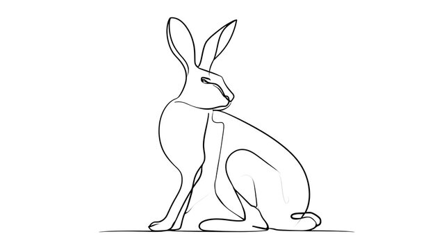 Minimalist rabbit line art illustration white background.