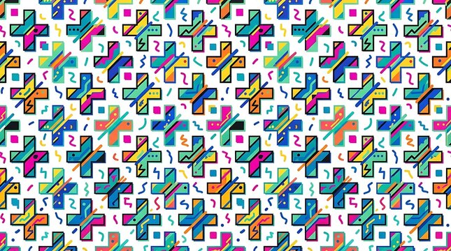 Vibrant memphis style geometric pattern with colorful crosses