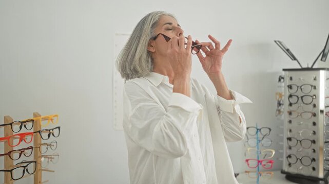 Woman adjusting glasses with hands in an optical studio, smiling while trying frames; confidence clarity comfort.