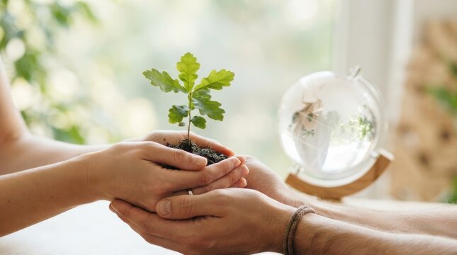 A person gently holds a small oak sapling in their hands, while another person supports their hands. The sapling is planted in soil and sits within a clear globe.