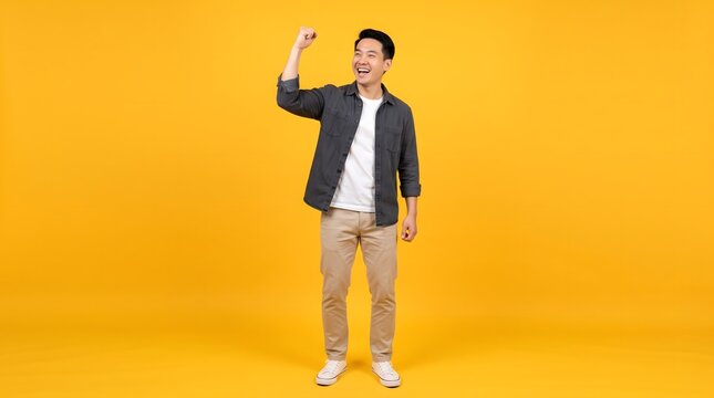 Excited man celebrating success. Happy guy cheering with fist pump on yellow background.
