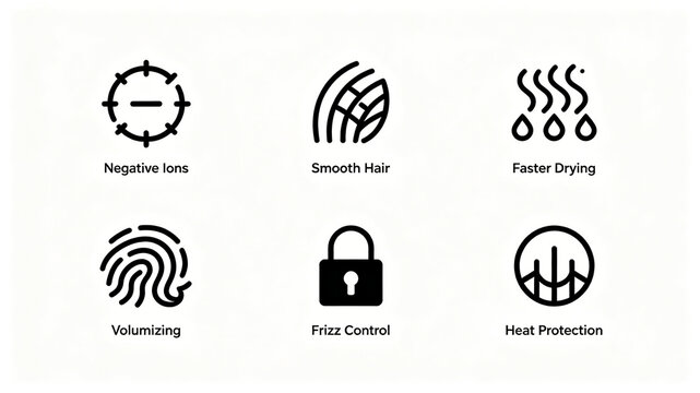 The selling point icon of the line style hair styling equipment represents softness, fluffiness, and anti frizz, suitable for promoting hair care products and providing detailed illustrations.
