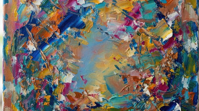 An abstract oil painting depicts a swirling vortex of vibrant colors. Thick, textured brushstrokes create a dynamic and energetic composition.