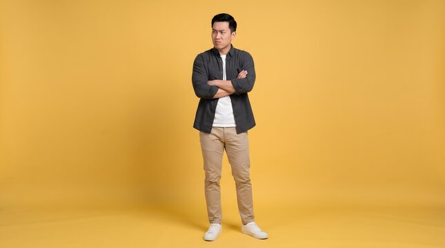 Irritated man standing with arms crossed. Annoyed male person looking away in studio.