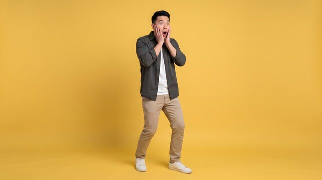 Surprised man touching his face. Shocked guy reacting to news on yellow background.