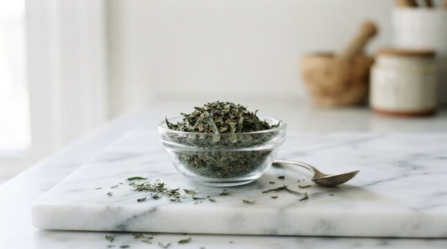 A bowl of dried herbs sits on a white marble cutting board. A silver spoon rests beside the bowl.