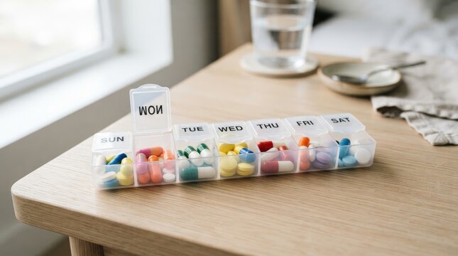 A plastic pill organizer sits on a light-colored wooden table. The organizer has compartments labeled with the days of the week: Sunday, Monday, Tuesday, Wednesday, Thursday, Friday, and Saturday.