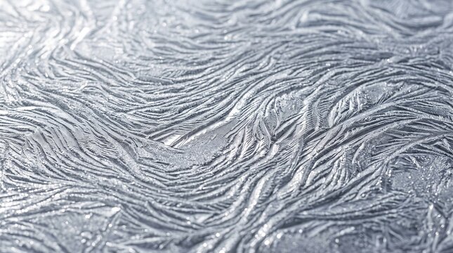 Intricate silver frost patterns forming delicate feathery designs on a cold surface