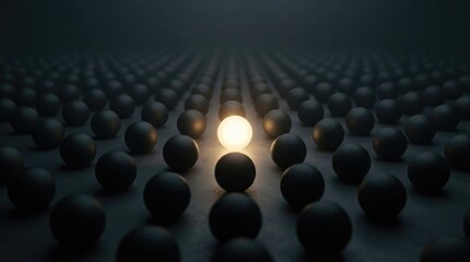 Obraz premium A single, bright orb illuminates a vast field of dark, matte spheres. The spheres stretch into the distance, creating a linear perspective.
