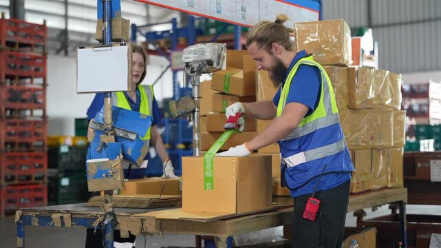 Workers packing boxes in a warehouse for shipping in the afternoon