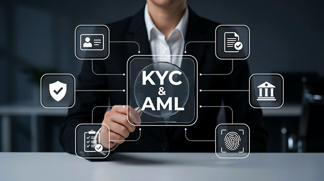 Hand pressing kyc and aml compliance icons on digital interface