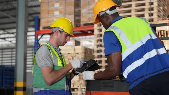 Workers check inventory in a warehouse while using a tablet and discussing tasks