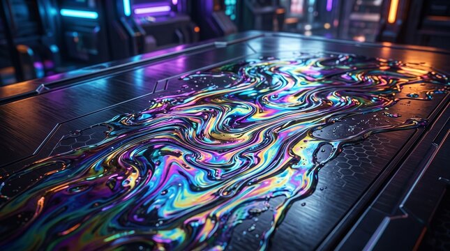 Colorful oil slick patterns on wet reflective pavement at night.