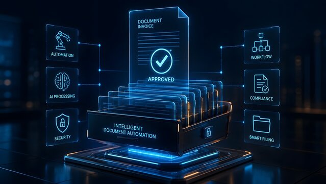 Intelligent document automation system with holographic file approval interface, AI processing and smart workflow compliance technology concept.
