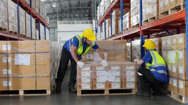 Workers move boxes in a warehouse during a busy day of shipping and receiving items in the storage area