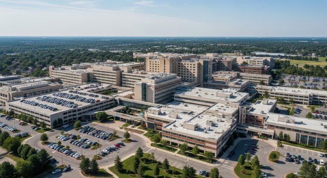 Sprawling Modern Hospital Campus with Extensive Parking Lots and Surrounding Urban Landscape