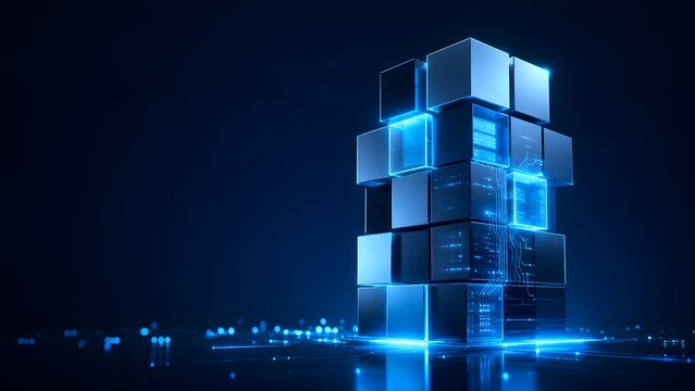Futuristic blockchain technology and cloud computing concept, modular server structure made of glowing digital cubes with circuit board patterns.