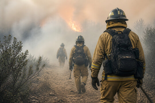Firefighters in protective gear walk through a smoky, desolate landscape near a raging fire.