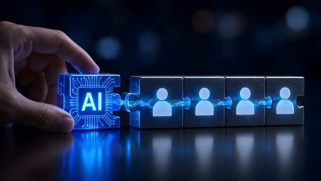 Hand connecting AI puzzle piece to human team members, artificial intelligence integration with human workforce and collaborative technology concept.