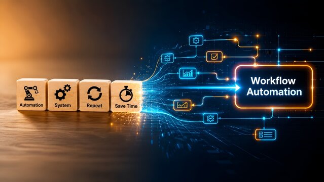 Wooden blocks transitioning into a glowing digital network for workflow automation, business process optimization and time management concept.
