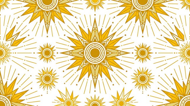 Seamless ornate golden sun pattern with geometric celestial elements