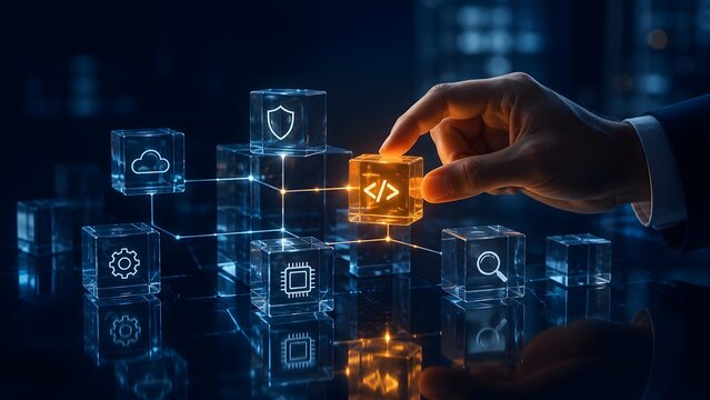 Hand placing a glowing coding block into a futuristic digital network, software development and cloud computing system integration concept.